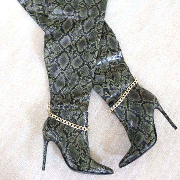 So Me Olive Snakeskin Chain Boot Heels - Picture 1 of 9